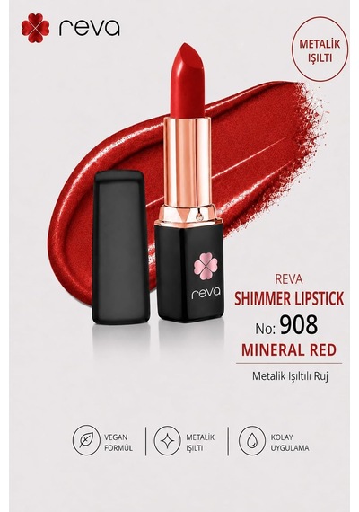 Shimmer Lipstick Mineral Red - Işıltı Ruj - 4 Gr - No: 908 - Vegan & Temiz Içerik Çok Renkli