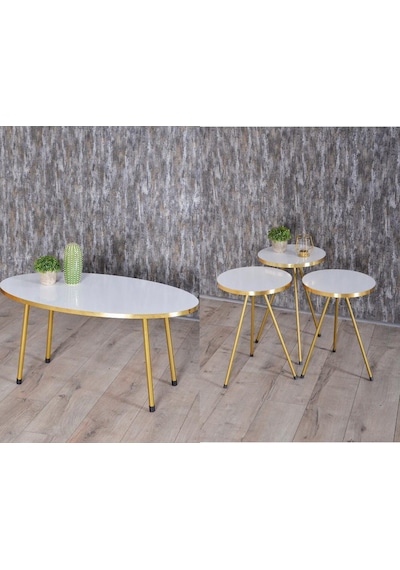 Zigon Sehpa Ve Orta Sehpa Elips Gold Metal Ayak Gold Beyaz Set