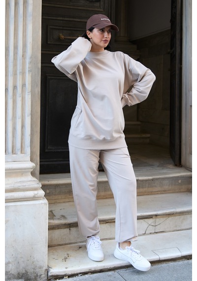 Mezka Regular Fit 2'li Takım Sweatshirt Beli Lastikli Jogger Eşofman Altı Bej