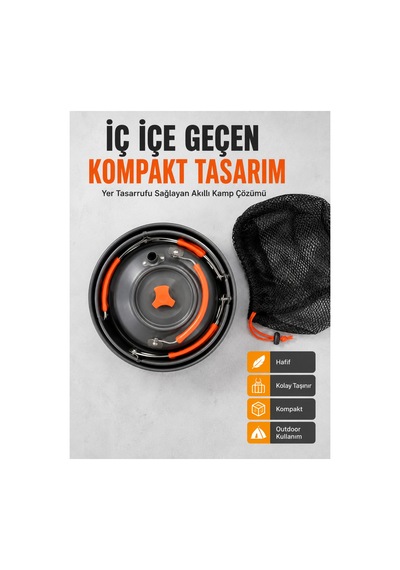 Kompakt Kamp Yemek Seti Alüminyum Tencere Tava Çaydanlık Taşıma Fileli Outdoor Set Renk Renk
