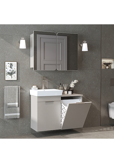 Dubai Sepetli Mdflam Banyo Dolabı, Lavabolu Banyo Alt Dolabı + Aynalı Banyo Üst Dolabı Takımı Kumtaşı Dubai Sepetli Mdflam Banyo Dolabı, Lavabolu Banyo Alt Dolabı + Aynalı Banyo Üst Dolabı Takımı Kumtaşı