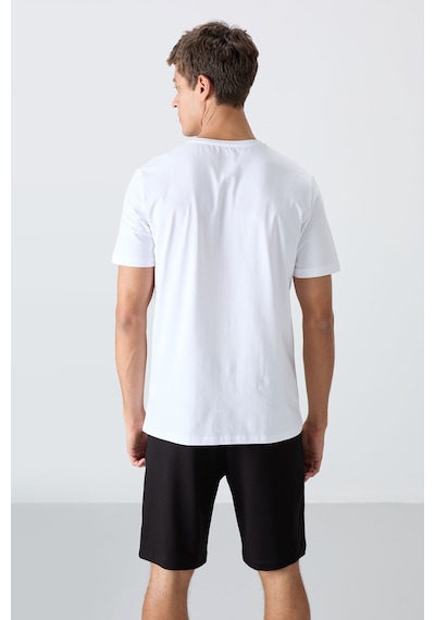 Tommy Life Beyaz - Siyah Pamuklu Yumuşak Dokulu Standart Fit Baskılı Erkek Şortlu Takım - 85243