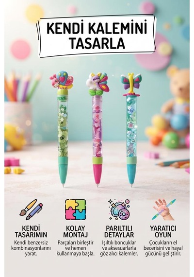 Clemento-ni Kendi Kalemini Tasarla Tak Çıkar Parlak Aksesuarlı 16 Cm Oyuncak 3'lü Kalem Seti
