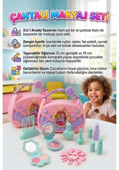 İlk Makyaj Çantam 13 Parçalı Şık Tasarımlı Taşınabilir Çantalı Eğitici Güzellik Ve Makyaj Oyun Seti Pembe