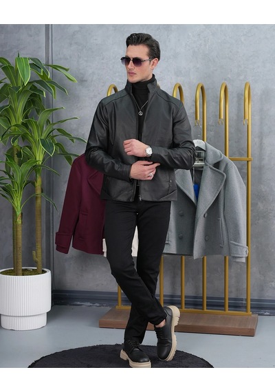 Modefendi Slim Fit Kalıp Hakim Yaka Ribanası Asimetrik Model İthal Deri Mont Renkli