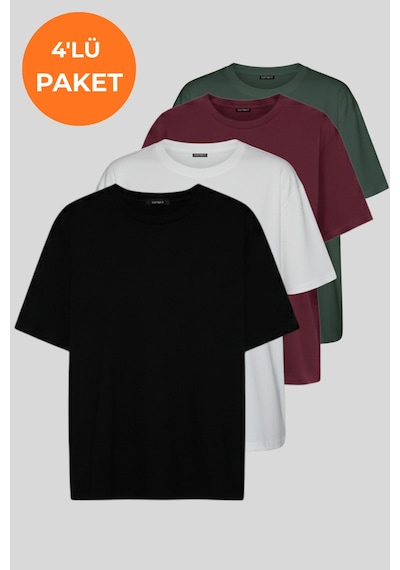 Soft&Basic Kadın 4'lü %100 Organik Pamuk Oversize Fit Basic Yuvarlak Yaka T-shirt Siyah-beyaz-bordo-haki