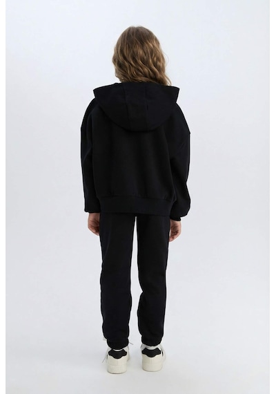 DeFacto Kız Çocuk 2'li Takım Kapüşonlu Baskılı Sweatshirt Beli Lastikli Jogger Alt D2219A824WNBK81 Siyah