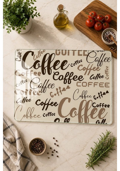 Gökçeoğlu Cam Kesme Tahtası Coffee Temalı - Cam Kesme Tablası 30cm X 40cm Çok Renkli