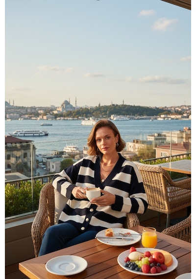 Lela Regular Fit Çizgili V Yaka Düğmeli Soft Akrilik Bayan Hırka 4615188 Lacivert-Taş