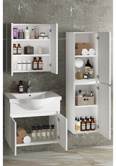 Yıldız 80+35 Cm Beyaz Mdf Lavabolu Asma Banyo Dolabı Takımı Beyaz