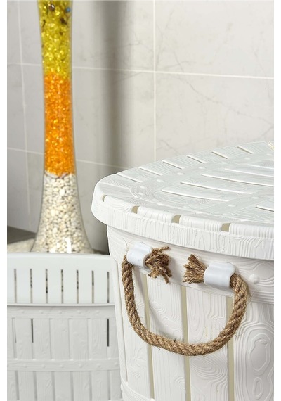 Bambu Ahşap Görünümlü Halatlı Kirli Sepeti Ve Temiz Çamaşır Sepeti Seti 62 Lt - Beyaz - 225960001 Beyaz