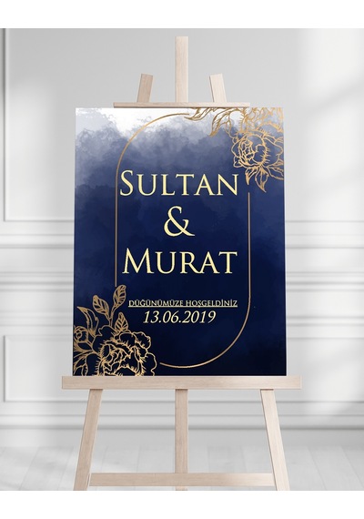 Söz Nişan Düğün İçin 50x70 Karşılama Panosu - Mavi Ve Altın Çiçek Tasarımlı Beyaz