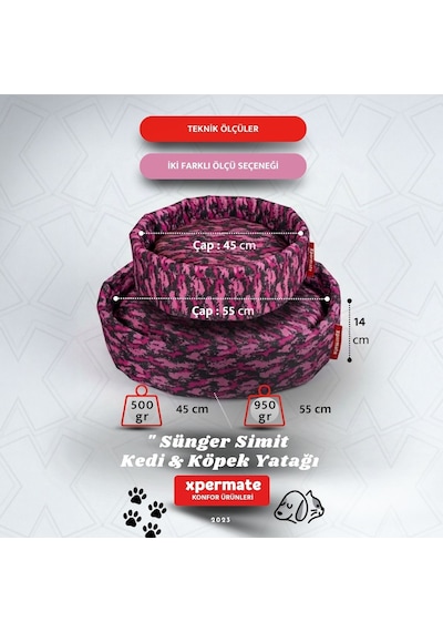 Xpermate Sünger Simit Küçük Irk Köpek Kedi Yatağı 45 Cm Kamuflaj