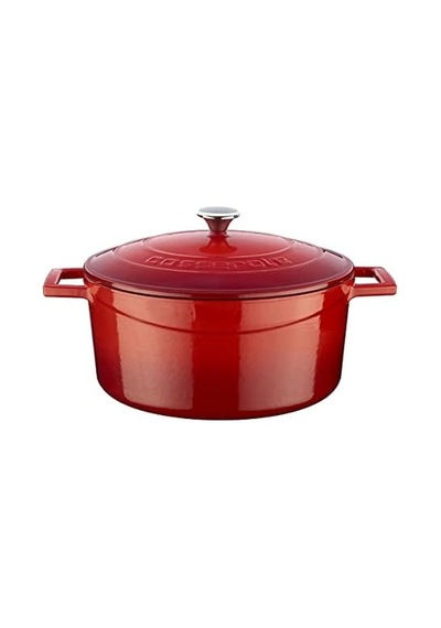 Metal Döküm Yuvarlak Tencere, 24 Cm, Kırmızı 12v