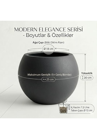 Zevli Modern Küre Saksı 7l - İskandinav Tarzı, Orta Boy Dekoratif Salon Ve Bahçe Saksısı Antrasit