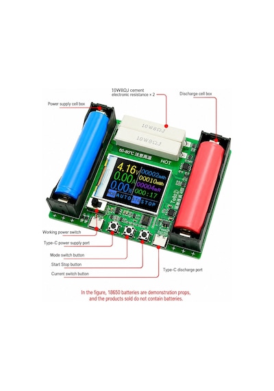 18650 Lcd Dijital Lityum Pil Kapasite Test Cihazı Type-c Beslemeli Lcd Ekranlı