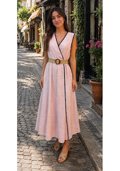 Eren Style İtalyan Belden Dolamalı Anvelop Keten Elbise Boyu:126 Cm'dir. Pudra Eren Style İtalyan Belden Dolamalı Anvelop Keten Elbise Boyu:126 Cm'dir. Pudra