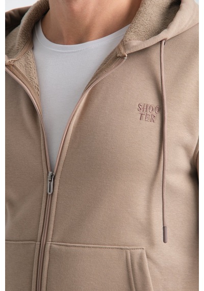 Shooter Sportswear Erkek Kışlık Eşofman Takımı Thermosoft Teknolojisi İçi Kuzu Görünümlü Regular Kalıp Minimal Logo Kapüşonlu Vizon