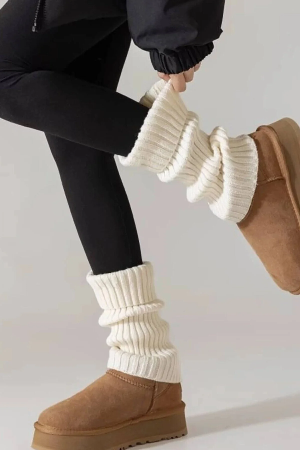 Moibody Original Premium Tozluk Akrilik Triko Örgü Leg Warmer Ayak Isıtıcı Bale Paten Çorabı Ekru