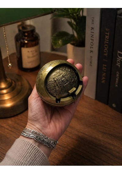 Kapaklı Metal Küllük Açılır Kapanır Dekoratif Masa Üstü Küllük Vintage Sarı 7.5 Cm