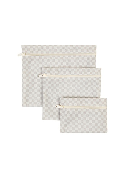 Ocean Home Textile 3'lü Su Geçirmez Pvc Astarlı Gri Dama Desen Islak Kuru Çantası 20 x 13 / 24 x 20 / 30 x 24 cm