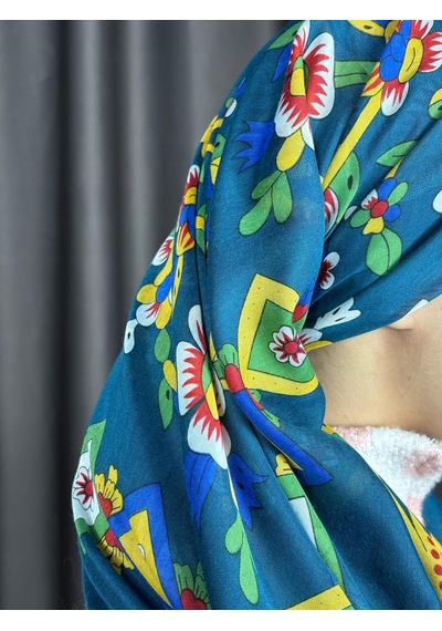 Çengelköy Desenli Pullu Yazma 100x100 Cm Etnik Çiçekli Başörtüsü Çeyizlik Ve Günlük Petrol Mavi