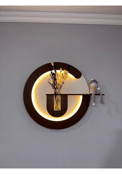 Primula Dekoratif Duvar Rafı Led Işıklı Ahşap İskandinav Tarzı Modern Salon Duvar Rafı Çiçeklik 50 Cm Paris Grisi - Ahşap Ceviz