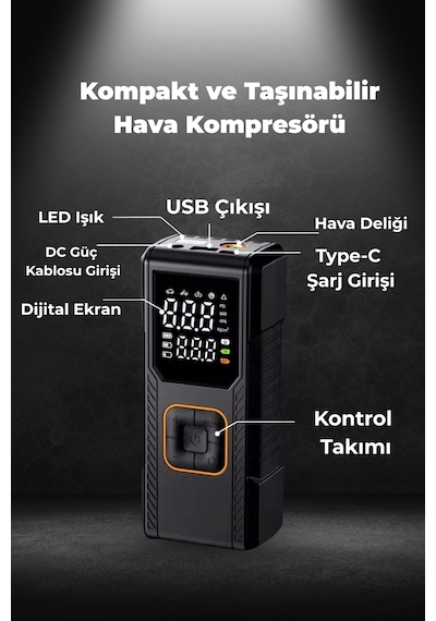 Dijital Göstergeli Led Işıklı Taşınabilir 4500mah Araç Lastik Şişirme Hava Kompresörü Siyah