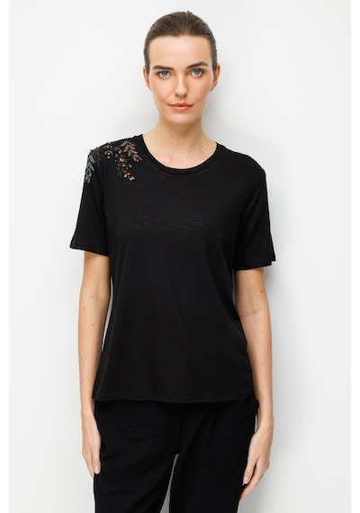 Kadın Sıfır Yaka Tek Omuzu Nakışlı Penye T-shirt Siyah Siyah