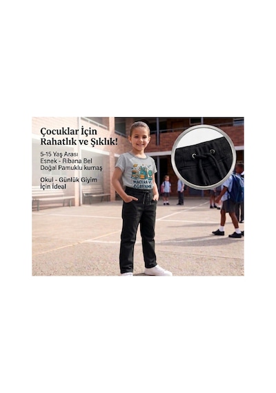 Erdem Kıds Unisex Erkek Kız Çocuk Ribana Bel Lastikli Boru Paça Kanvas-keten Keten Siyah Okul Pantolonu Siyah Siyah