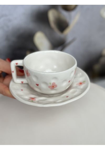 Şekilsiz Floral El Yapımı Seramik Bardak & Altlık Seti 300 Ml Çok Renk