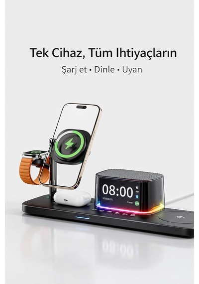 5 İ 1 Arada 25w Qi2 Kablosuz Şarj Standı Bluetooth Hoparlör Alarm Saat Led Gece Işığı