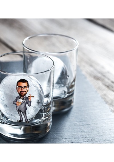 Kişiye Özel Renkli Baskılı Erkek Patron Karikatürlü Viski Bardağı Çok Renkli
