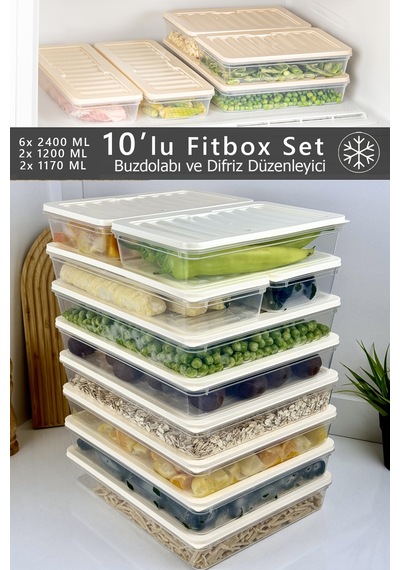 10'lu Fitbox Set Hava Geçirmez Buzluk Ve Buzdolabı Düzenleyici Set Gri Kapak