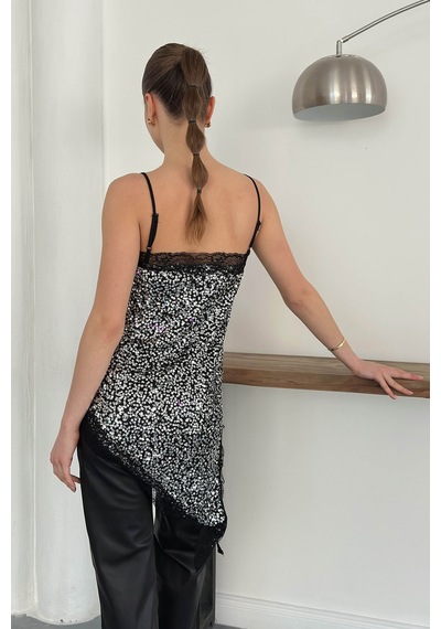 Verymoda Dantel Detaylı Askılı Pullu Asimetrik Tunik - D2934 Gümüş