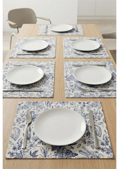 Çiçek Desenli Kumaş Tabak Altlığı 35x45 Cm Mavi Yapraklı Yemek Masası Tabak Altlığı 6 Kişilik