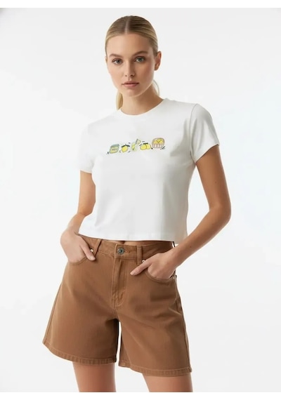 Park Karon 26025 Pamuk Desenli Crop Boy Bisiklet Yaka Örme Bluz Ekru 38