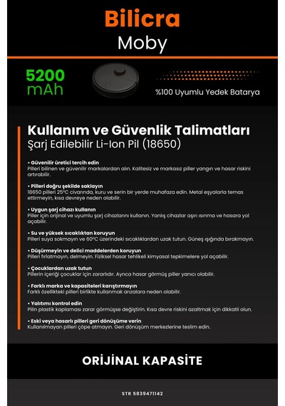 Bilicra Moby 5200mAh Robot Süpürge Bataryası