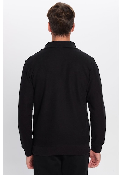 Tudors Unisex Relax Fit Rahat Kesim Fitilli Desenli Pamuklu Yarım Fermuarlı Siyah Dik Yaka Sweatshirt-31986 Siyah