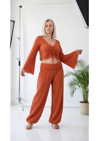 Byemelika %100 Pamuk, Bürümcük, Paça Lastik Detay Bohem Büstiyer & Pantolon Takım Turuncu Byemelika %100 Pamuk, Bürümcük, Paça Lastik Detay Bohem Büstiyer & Pantolon Takım Turuncu