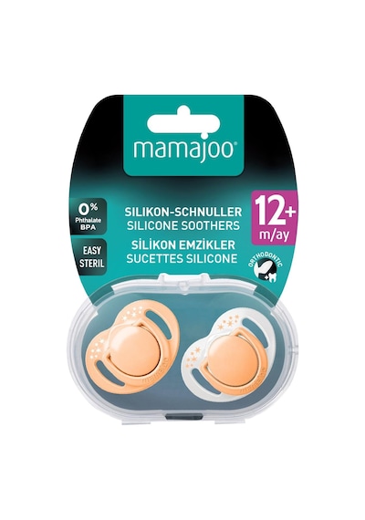 Mamajoo Ortodontik Emzik Seti 12 Ay+ Powder Blush | İkili, Silikon, Damaklı | Sterilizasyon & Saklama Kabı