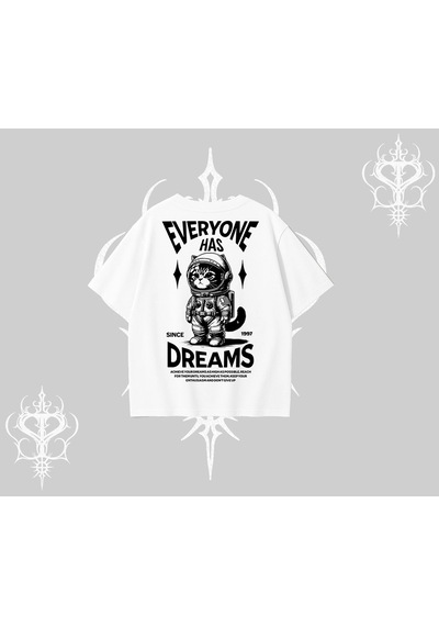 Startmore Startmore Everyone Has Dreams Yazılı Astronot Kedi Arka Baskılı Oversize Tshirt Beyaz