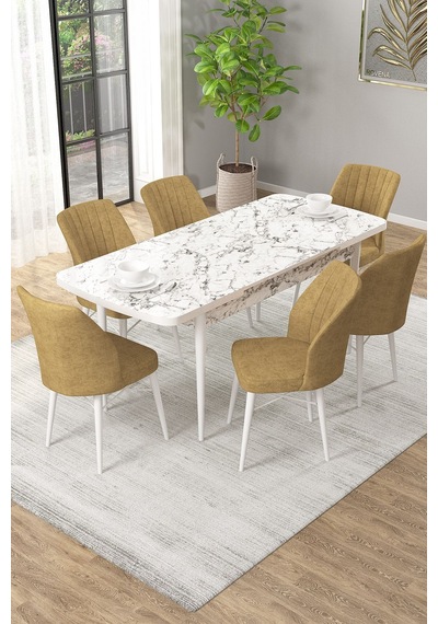 Arel Beyaz Mermer 80x132 Açılabilir Mdf Masa Yemek Odası Takımı, Mutfak Takımı 6 Adet Sandalye Beyaz Mermer - 6 Cappuccino - Beyaz Ayak