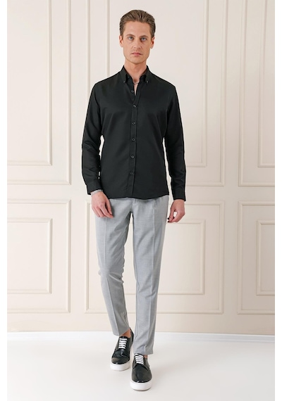 Efor Slim Fit Düğmeli Yaka Dokulu Pamuklu Klasik Siyah Gömlek Gk 717 Siyah