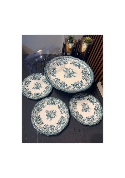 Porser Velour Green Fulya Ayaklı Sunum Seti 8 Parça Porselen Pasta Servis Seti Yeşil