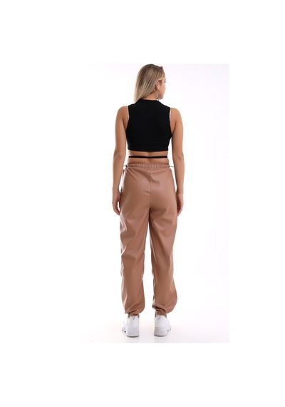 Winmoda34 Kadın Paçası Ayarlanabilir Cebi Kapaklı Yüksek Bel Deri Pantolon Camel