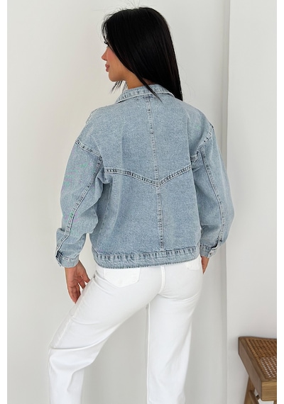 Kadın Taş Detaylı Denim Ceket Astarsız & Cool Model Mavi