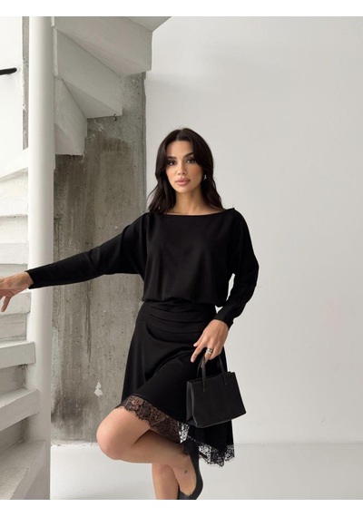 Kadın Dantelli Bel Drape Detaylı Kayık Yaka Modal Kumaş Midi Elbise Siyah
