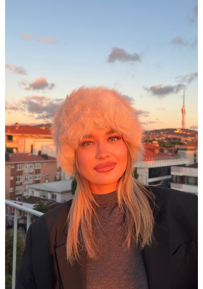 Mollycrush Elit Rus Slav Tarzı Suni İçi Deri Peluş Tüylü Kadın Kalpak Şapka Bej