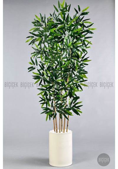 Yapay Bambu Ağacı 6 Dallı 150 Cm Yoğun Yapraklı Metal Siyah Saksı Krem